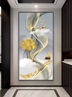 现代简约进门麋鹿玄关装饰画客厅走廊过道挂画竖版壁画顺风顺水画