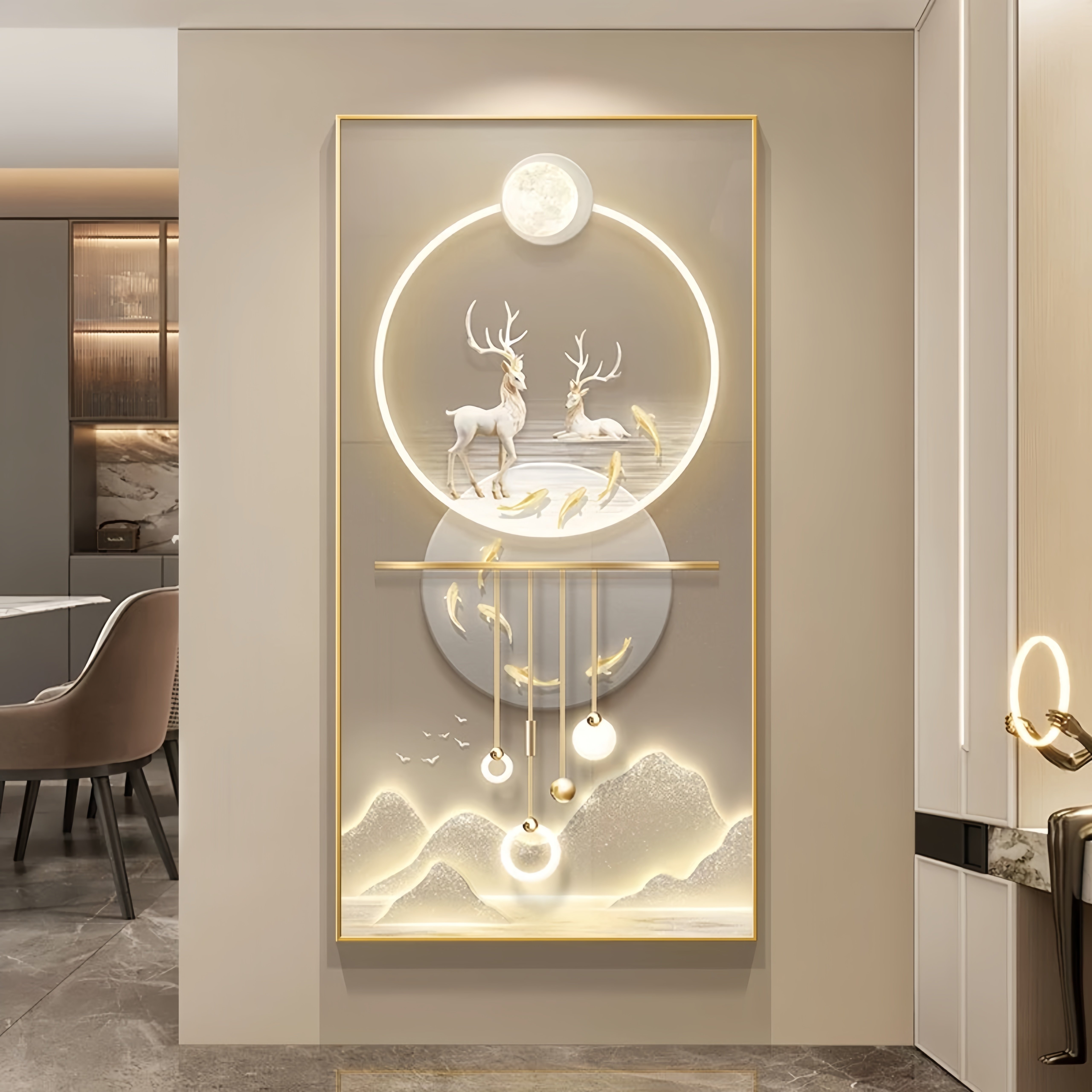 现代轻奢入户玄关装饰画麋鹿九鱼图大气过道壁画走廊尽头挂画灯画,淘宝优惠券,粉丝福利购,淘宝优惠卷