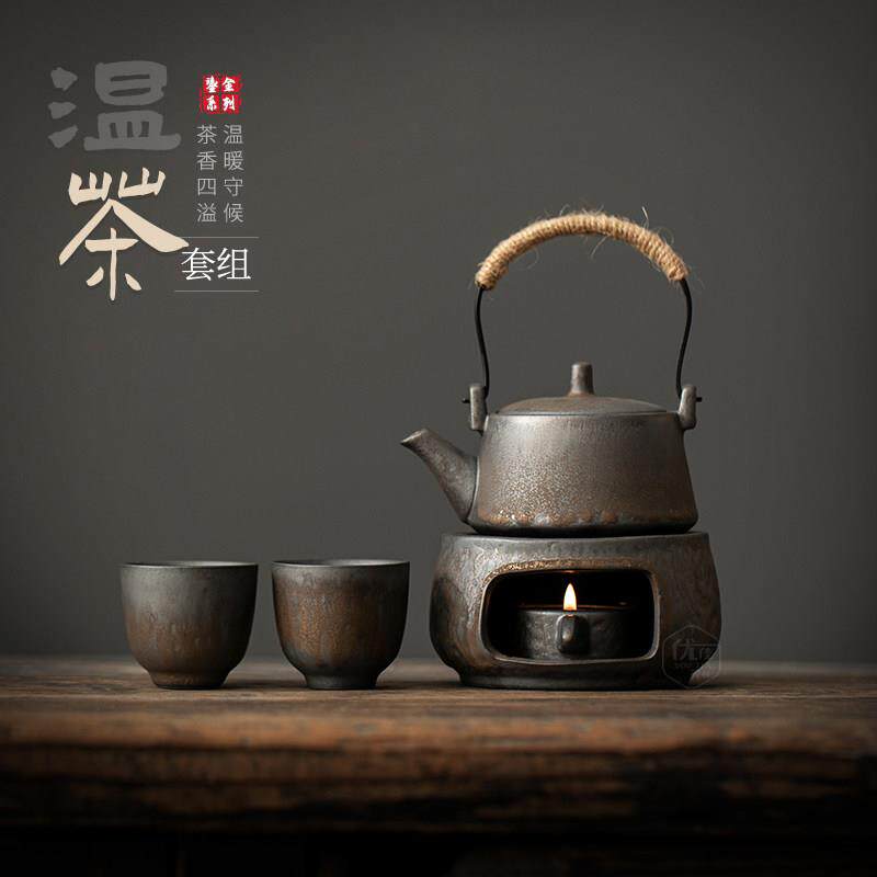 Stone pot with beam lifting pot insulation heating warm tea stove set retro gilt Kung Fu tea set candle tea warmer small fire stove