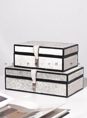 十月现代简约高级灰马毛皮首饰盒摆件样板间卧室衣帽间装饰收纳盒