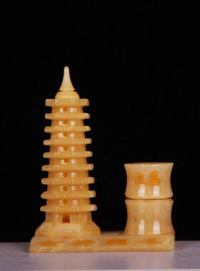 天然黄玉9层13层玉石笔筒文昌塔办公室玉雕工艺礼品摆饰创意玉器