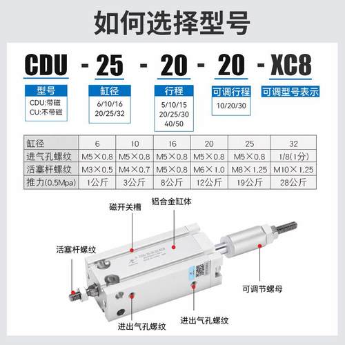 星辰气动 MDJ CDU10/16/20-10-10-50-30-40-30-20-15-XC8可调气缸 - 图0