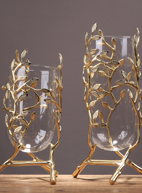 新中式轻奢纯铜玻璃花瓶摆件客厅插花花器电视柜玄关展示架小摆件