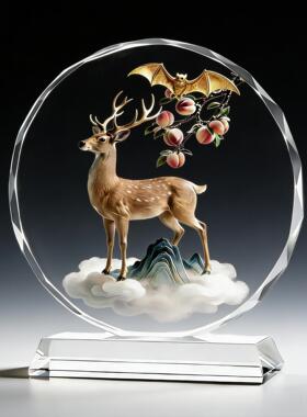 福禄双全水晶摆件一鹿平安招财福鹿家居装饰品乔迁开业祝寿送礼