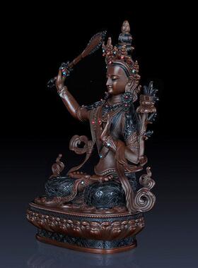 纯黄铜密宗文殊菩萨摆件举剑文殊佛像工艺品属兔本命佛客厅装饰品