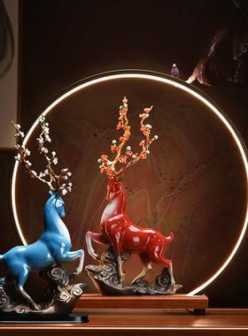 创意陶瓷工艺品鹿摆件家居客厅酒柜玄关招财红色梅花鹿装饰送礼品