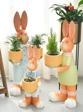 客厅电视柜沙发旁装饰北欧风轻奢落地卡通小兔子创意花盆动物摆件