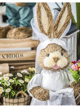 JK慕空间 天然草编婚纱男女兔子婚庆摆场装饰动物摆件 新婚礼品