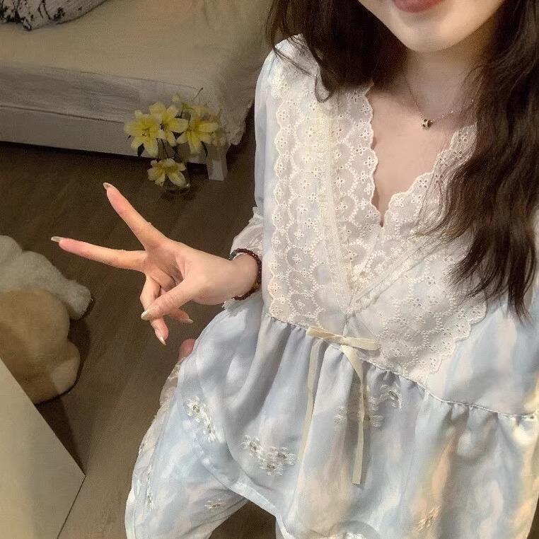 2025超火冰丝睡衣女款春秋可外穿公主风蕾丝边长裤家居服套装秋天 - 图0