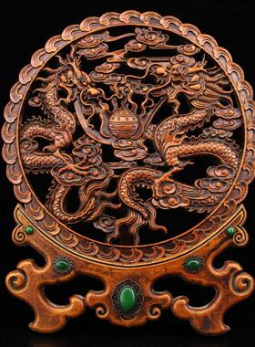 清代古典黄杨木屏风浮雕龙纹镶宝石插屏摆件老物件旧货文玩收藏