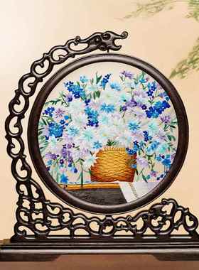 苏绣桌面屏风创意刺绣摆件中国风中式家居红木台屏手工双面绣摆台