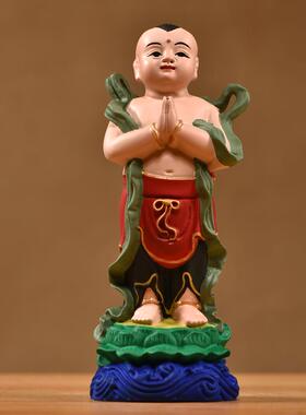实木雕刻金童玉女摆件新中式彩绘善财童子佛像家居客厅装饰工艺品