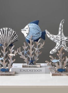 地中海风格木制小鱼摆件贝壳珊瑚商场超市生鲜美陈软装摆台装饰品