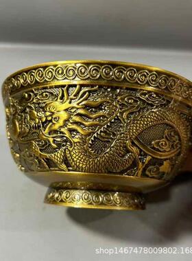 仿古铜八宝聚宝盆碗摆件铜合金二龙戏珠碗古玩杂项家居收藏工艺品