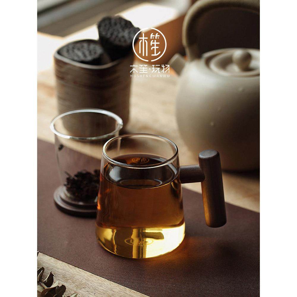 日式茶水分离玻璃杯茶杯家用办公室泡茶杯实木柄带盖马克杯子男女,淘宝优惠券,粉丝福利购,淘宝优惠卷