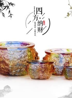 琉璃聚宝盆新店开业乔迁礼品前台水晶工艺品招财四方纳财高档摆件