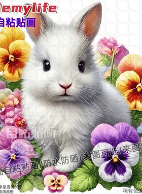 花丛中可爱萌趣兔子图案装饰贴纸