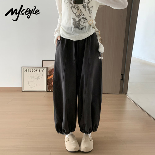 MJ STYLE咖色木耳边花苞裤女2025秋季新款裤子高腰小个子阔腿裤 - 图3