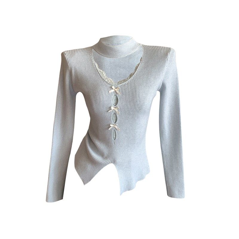 蓝色V领蕾丝打底衫女秋冬季新款挂脖毛衣内搭设计感镂空针织上衣,淘宝优惠券,粉丝福利购,淘宝优惠卷