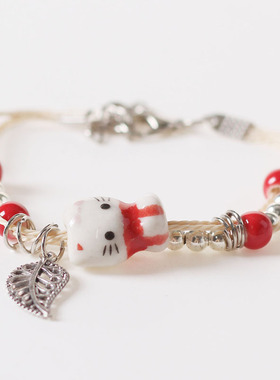 景德镇陶瓷小猫瓷珠叶子手链女生