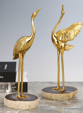 轻奢华天然玛瑙黄铜仙鹤客厅玄关摆件样板房间电视柜家居软装饰品