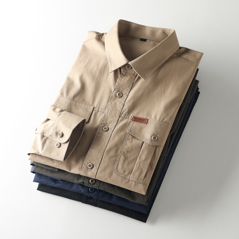 硬工装!笔挺有型!秋季男士时尚宽松纯棉翻领长袖工装衬衫衬衣 - 图1