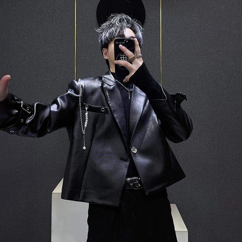 设计感链条装饰小众短款西装外套宽松简约垫肩黑色秋季新款上衣男,淘宝优惠券,粉丝福利购,淘宝优惠卷