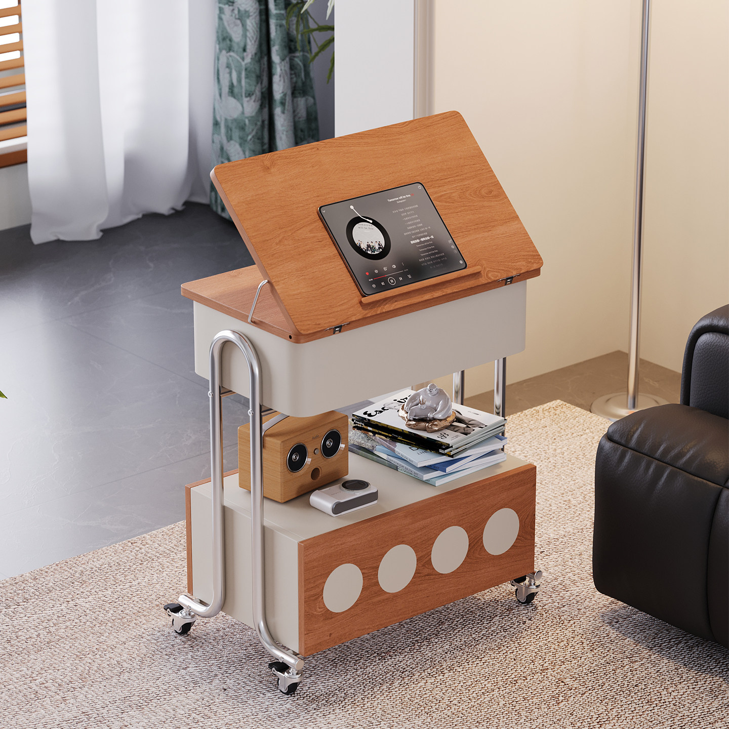 威展实木茶几旋转桌面小户型家用沙发边几可移动简约多功能小推车