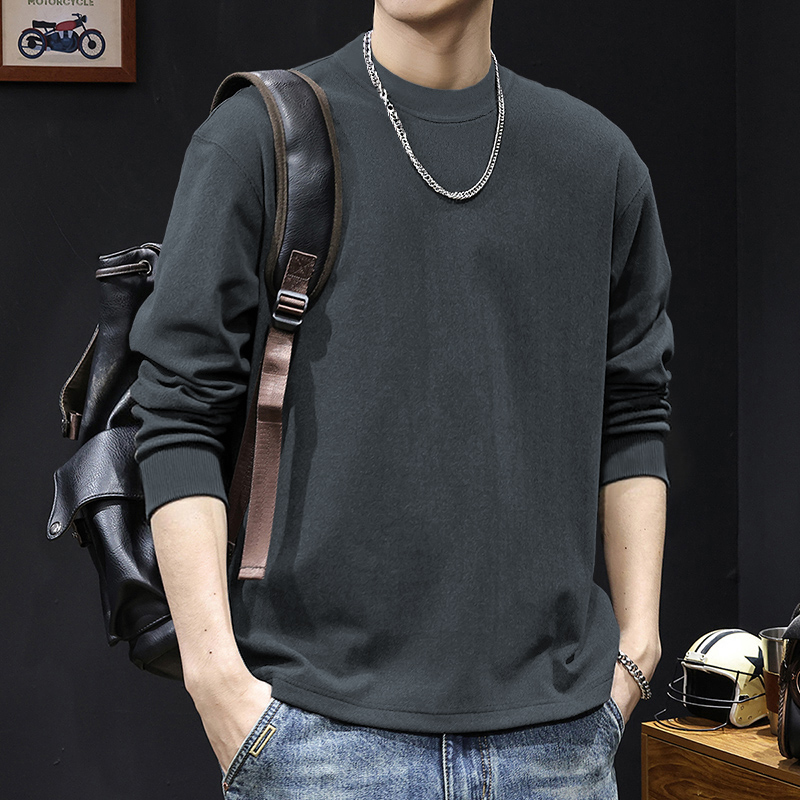 简木迹260克圆领双面德绒打底衫螺纹束口长袖T恤保暖加绒加厚男装 - 图1