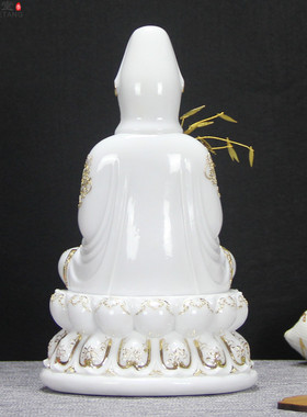 12/16寸汉白玉金描观世音菩萨全莲自在滴水宝瓶观音佛像家居摆件