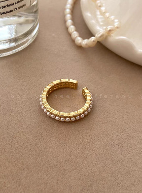 高级感珍珠水钻开口戒指复古指环女轻奢小众设计独特冷淡风食指