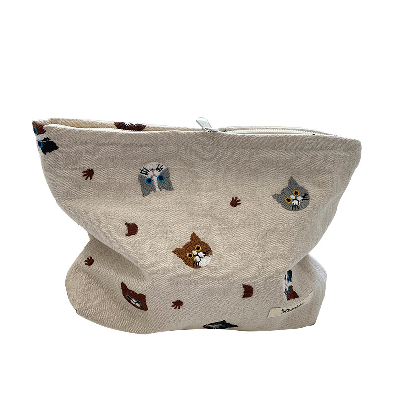 小白兔几 日式刺绣猫咪棉麻化妆包零钱收纳袋文艺可爱便携手拿包,淘宝优惠券,粉丝福利购,淘宝优惠卷