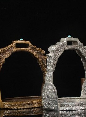 纯铜白铜蒙古马镫一对龙s头马蹬马匹装备马具马术用品影视道具