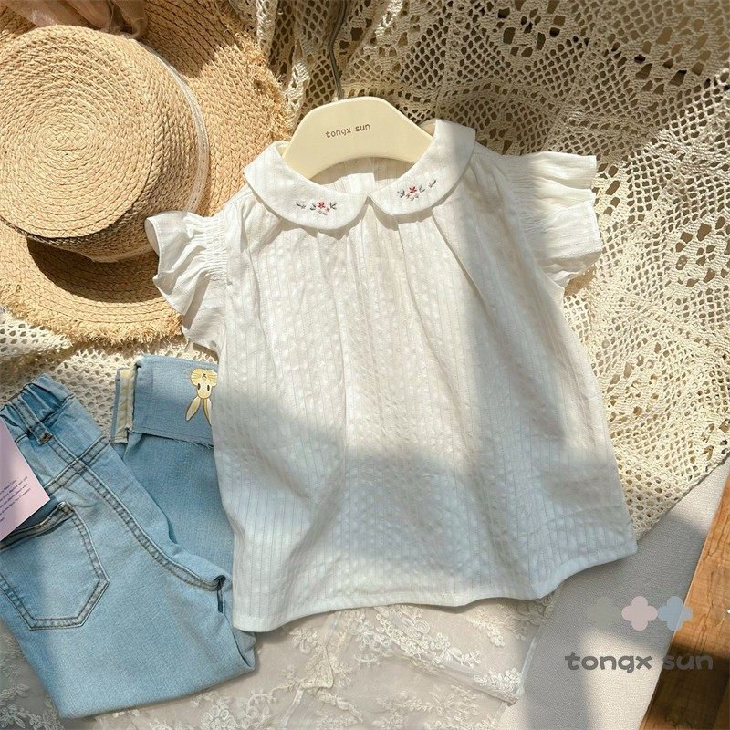 【轻薄镂空提花棉纱】女童夏季上衣  柔软棉纱纯白飞袖翻领娃娃衫,淘宝优惠券,粉丝福利购,淘宝优惠卷