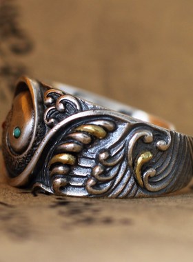 太极浪花纯银戒指开口指环个性复古镶嵌阴阳鱼饰品民族风男士首饰