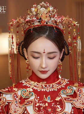 锦钰中式婚礼明制汉服红色复古宫廷风结婚新娘凤冠长流苏古典头饰