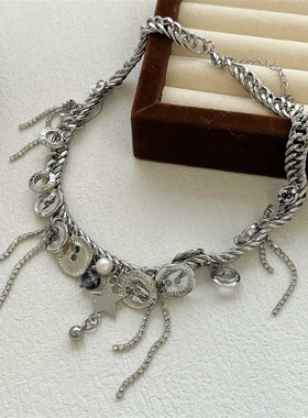 复古纽扣项链女小众设计甜酷锁骨链重工镶钻个性潮流高级感颈链潮