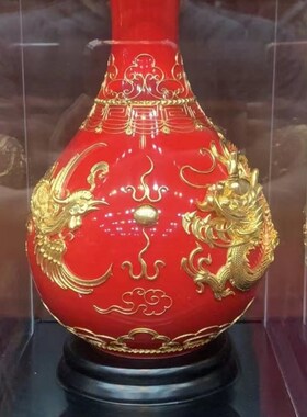 福建特色鹭艺轩漆线雕8寸双龙玉壶春红瓶摆件外事商务聚会礼品