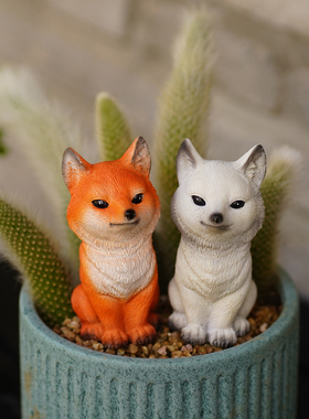 九尾狐狸多肉花盆景装饰摆件户外微景观猴尾柱造景白色小狐狸