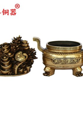 宇卓铜器  纯铜元宝珊瑚聚宝盆双耳聚宝盆工艺品摆件黄铜聚宝盆