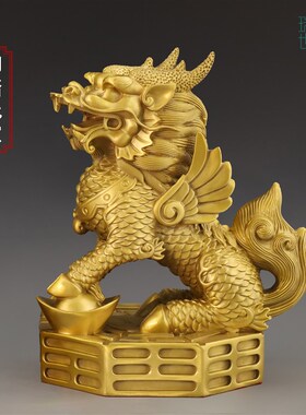 铜麒麟摆件公母一对纯黄铜踩八卦麒麟招财镇宅家居办公室摆设大号