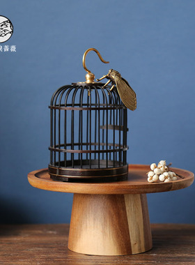 新中式木质金属迷你方形小鸟笼样板间房茶桌书房软装饰品托盘摆件
