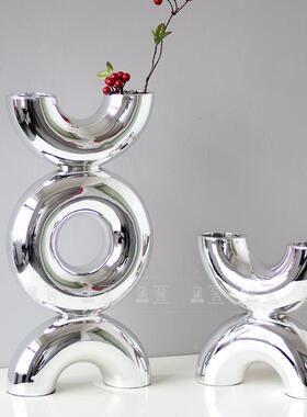 现代简约X型树脂电镀银色花瓶售楼处样板间客厅餐厅插花软装饰品