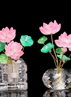 摆件高级感水晶荷花莲花轻奢风客厅酒柜装饰品水晶花工位摆件礼品