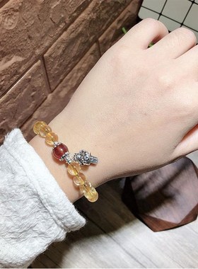 简约单圈水晶手链通透黄水晶招财猫手链设计感diy饰品