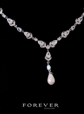 礼服项链耳环套装微镶锆石人造珍珠新娘婚纱时尚首饰品晚宴会颈链