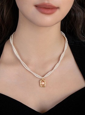 双层叠戴珍珠项链女小众设计高级感配饰颈链2024年新款爆款锁骨链