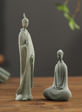 中式禅意释迦摩尼佛桌面摆件纯手工青砂石茶宠工艺品桌面茶道茶宠