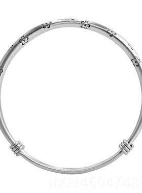 正品一十银七手作999银不褪色复古饰花朵磨砂古法纯银足铃铛 手镯