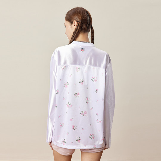 NFL美橄超级碗49人队长袖T恤 美式复古蕾丝花边印花宽松V领球衣女